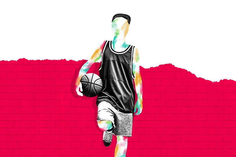Photo illustration of a boy in basketball clothes standing against a wall with a basketball in hand.